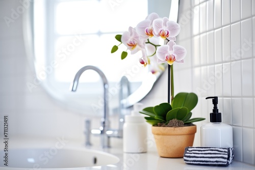 an orchid in a glossy white pot on a bathroom counter