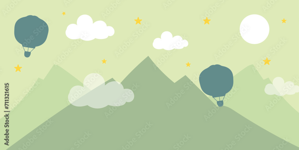 Mountains ,moon,stars, ballon air and clouds with Doodle style, Vector hand drawn childish wallpaper with Modern 3D wallpaper for the children's room. Mountains ,moon,stars, ballon air and clouds with Doodle style, Vector hand drawn childish wallpaper with Modern 3D wallpaper for the children's room.