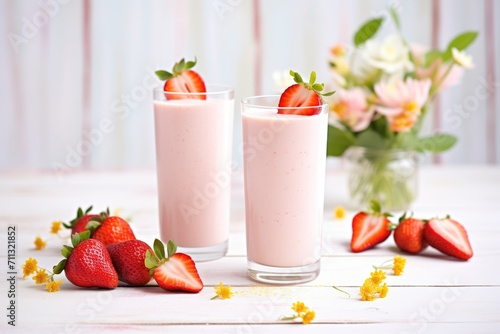 strawberry lassi in tall glasses, fresh strawberries beside