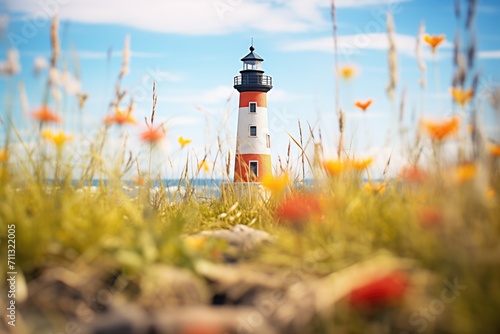 lone lighthouse with surrounding wildflowers
