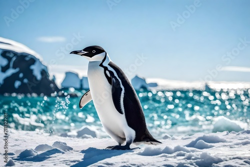 Witness the charm of a chinstrap penguin as it stands proudly on the beach in the icy landscapes of Antarctica.