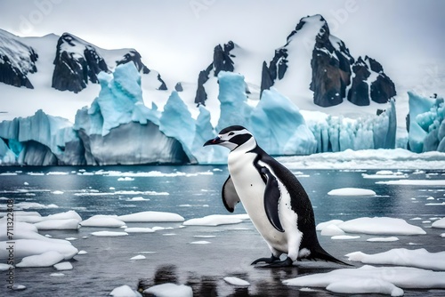 Experience the stark contrast of life against the frozen backdrop with a captivating image of a chinstrap penguin on the beach  a symbol of resilience in Antarctica.