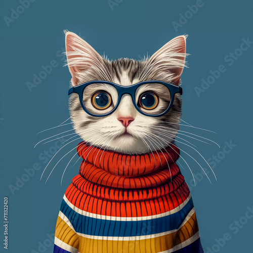 Hipster Cute Pop Art Cat Illustration, Generative AI