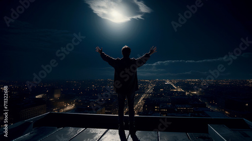 Male sleepwalker on roof at night photo