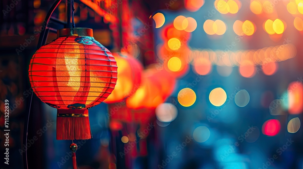 Chinese New Year background, lanterns in Chinese city, blur background, copy space - generative ai