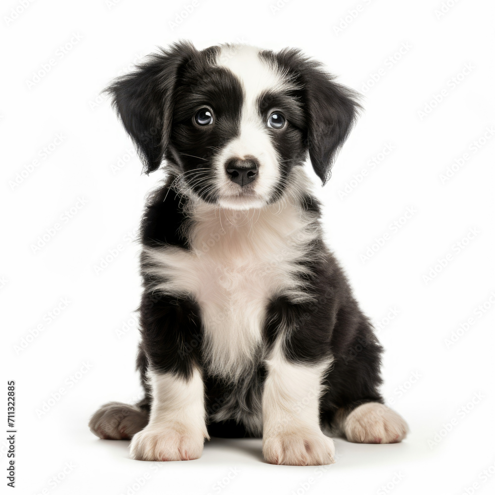Black and White Puppy Sitting Down in a Captivating Pose Black and White Puppy Sitting Down in a Captivating Pose