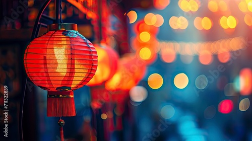 Chinese New Year background  lanterns in Chinese city  blur background  copy space - generative ai