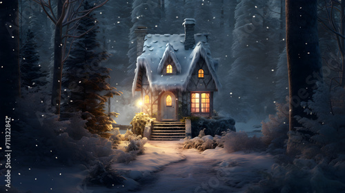 A fairy-tale house in a winter snowy forest. Santa's hut. House of gnomes