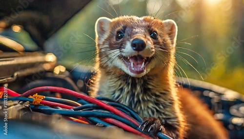 an insidious and toothy marten gnaws at the cables in the engine compartment of a new car photo