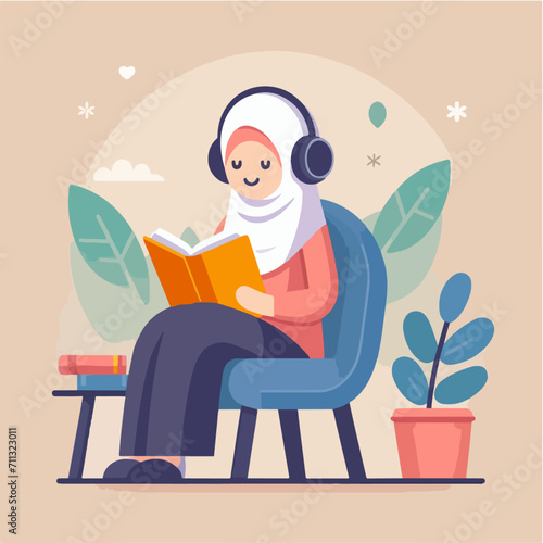 vector characters of a woman reading a book on the sofa in a simple and minimalist flat design style