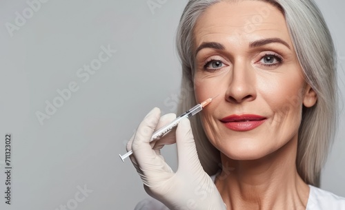 Woman gets beauty facial injections. Mature woman receiving hyaluronic acid treatment. Healthy face skin care beauty, skincare cosmetics, cosmetology concept.  photo