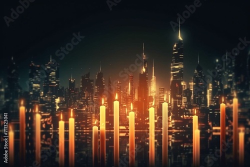Glowing candlestick forex chart over dark city backdrop. Trade, stock, finance concept. Generative AI