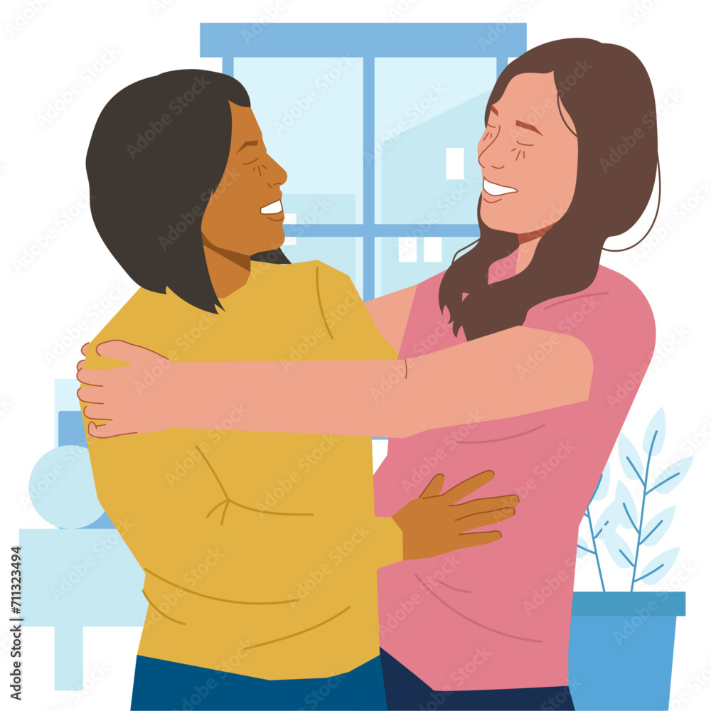 happy excited women hugging bestfriend in flat illustration happy excited women hugging bestfriend in flat illustration