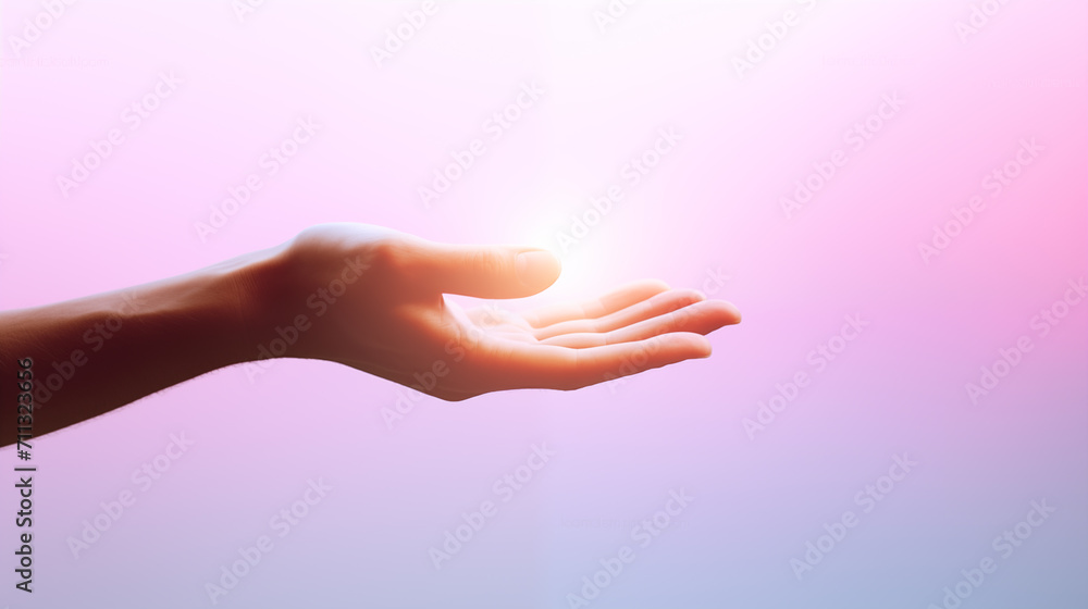 Religion and divinity concept with hand of person receiving divine light