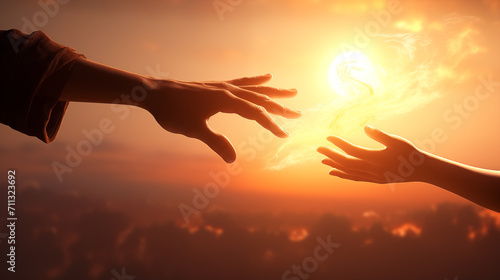 Salvation concept with hand of God reaching to grab a hand in need