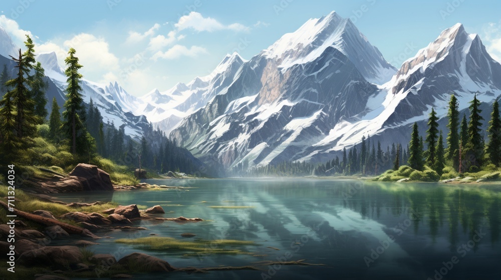 mountainous landscape featuring a serene alpine lake, mirror-like reflections, surrounded by pine forests - Generative AI