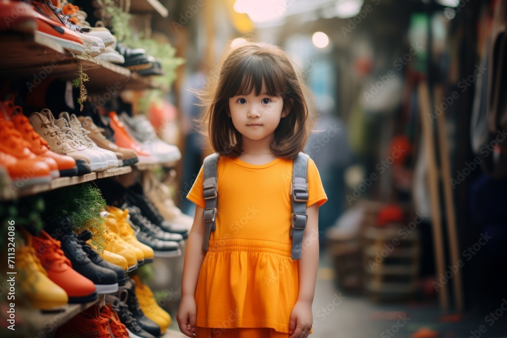 Adorable little girl choosing shoes in the shop. Kid fashion concept.