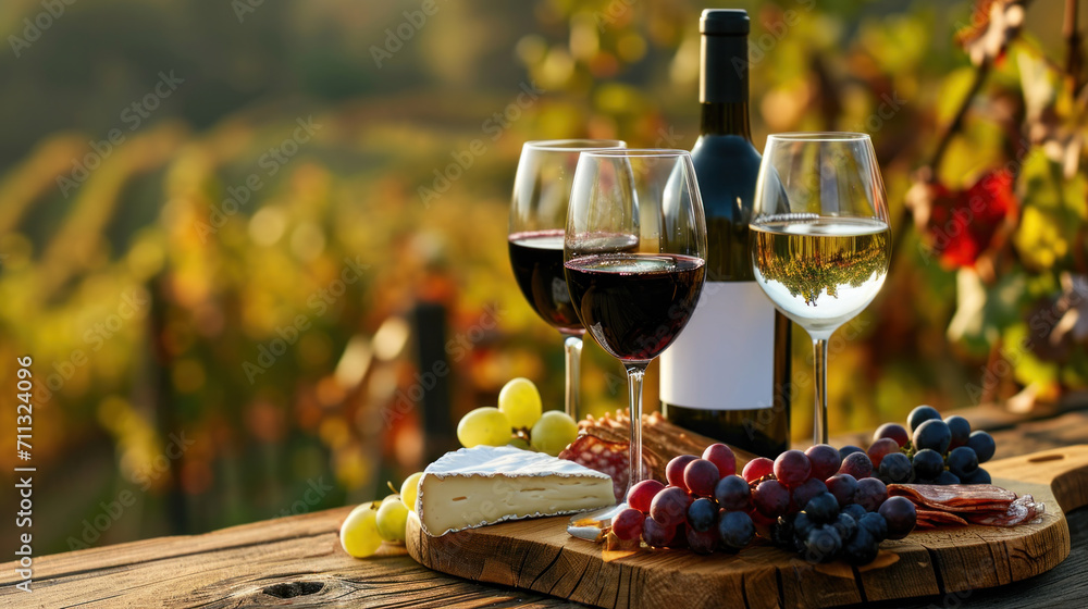 Glasses of red and white wine served with cheese and meats, autumn vineyard in background