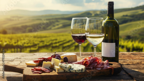 Wine, cheese and charcuterie, gourmet meal served outdoors, beautiful hills in background