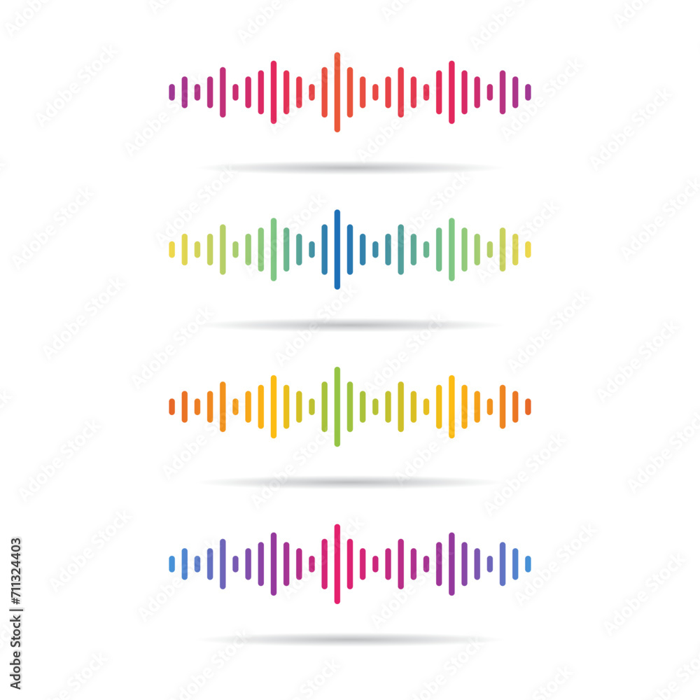 Multicolored gradient of sound waves set isolated on white background. Frequency audio waveform.