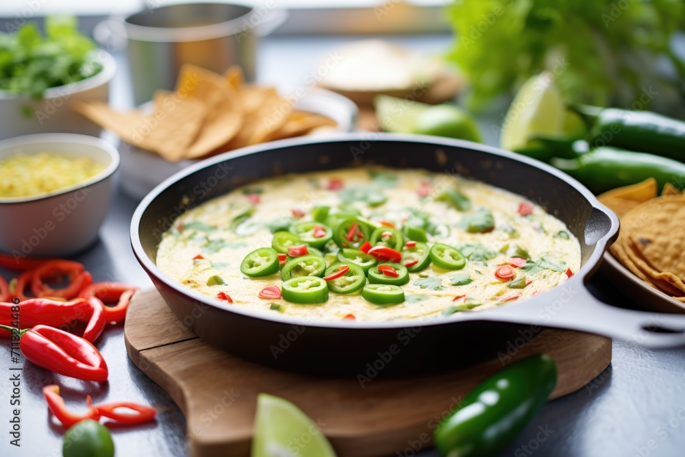 hot queso dip in a skillet with jalapenos on top