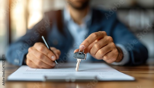 Sales manager hands keys to customer after signing rental lease contract, debt acceptance image photo