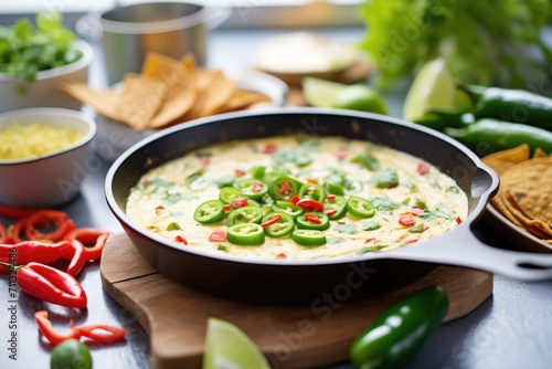 hot queso dip in a skillet with jalapenos on top