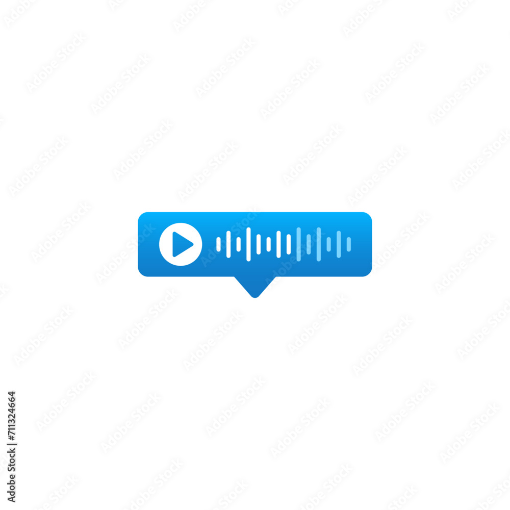 Sound waves in a speech bubble. There is a white and blue play media triangle icon. Design for chat applications.