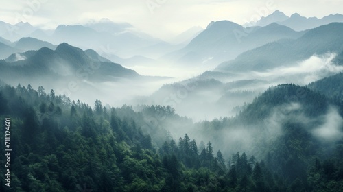 mountainous terrain, serene forested slopes leading to grand peaks shrouded in mist - Generative AI