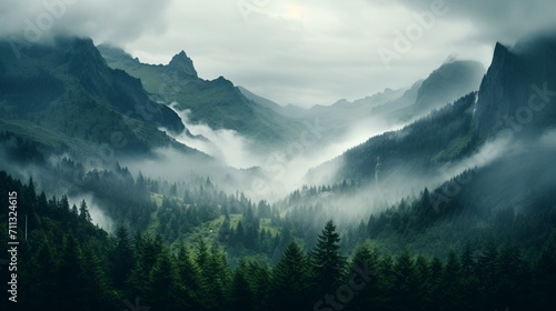 mountainous terrain  serene forested slopes leading to grand peaks shrouded in mist - Generative AI