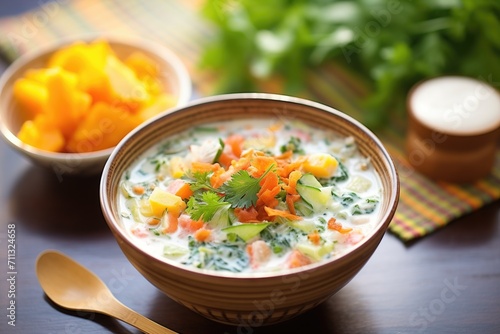 mixed vegetable raita with fine chopped carrots and cucumbers photo