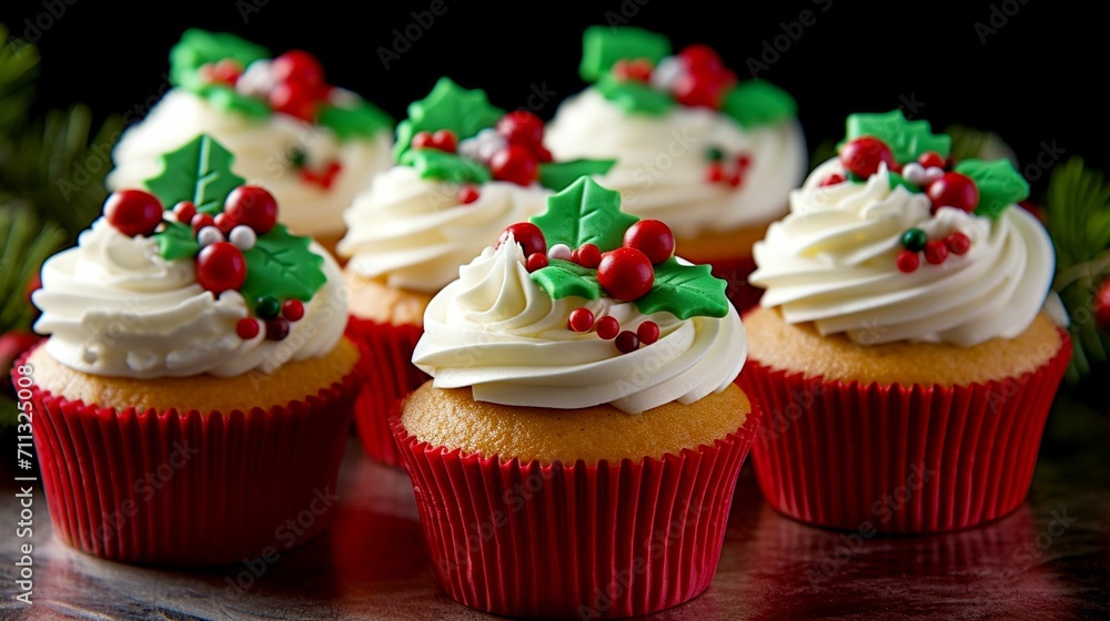 Photo Christmas cupcakes with white buttercream and sprinkles of green leaves and red berries.