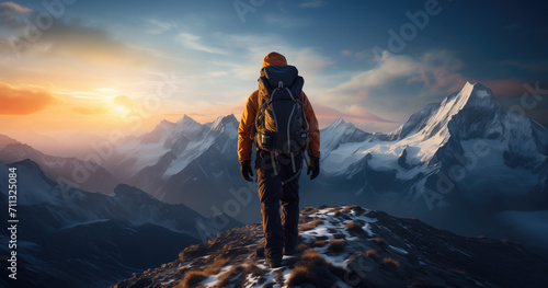 Man hiker with backpack on top of the mountain back, looking at the snow slope. 