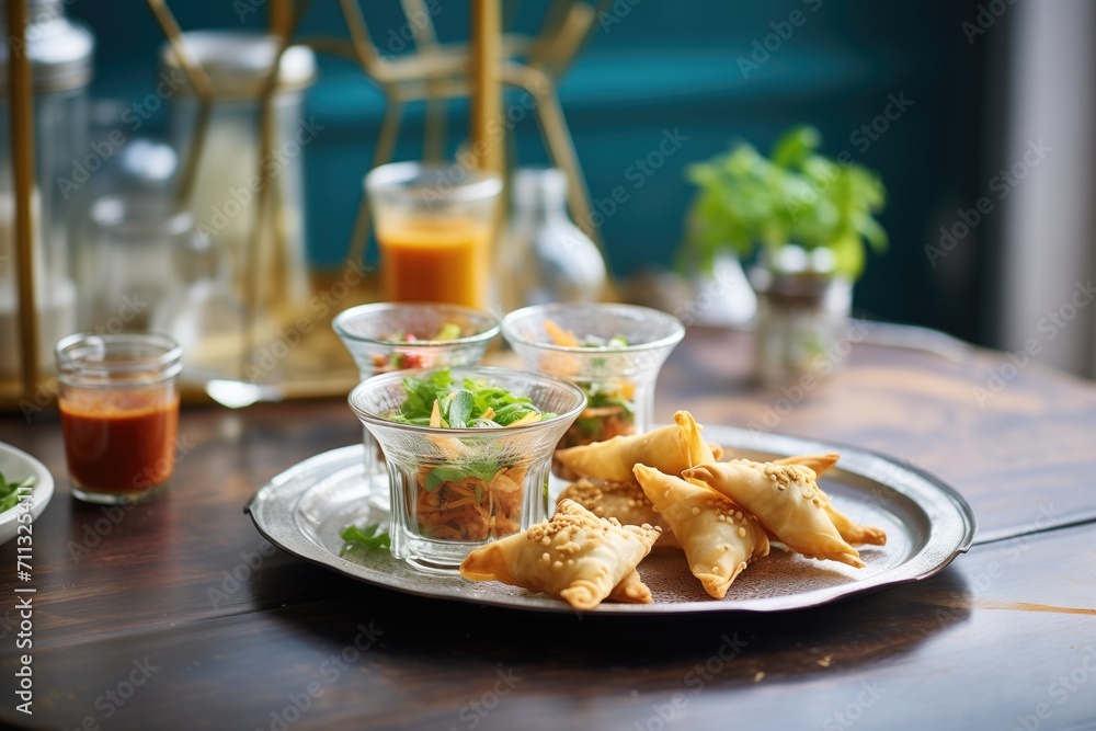 variety of samosas with different fillings on a glass plate variety of samosas with different fillings on a glass plate