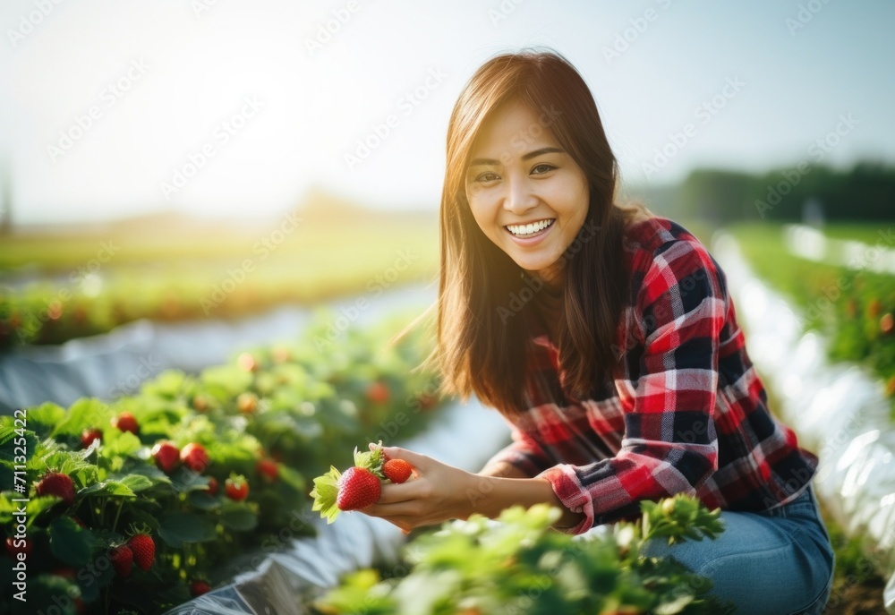 a woman is picking strawberries in the field, joyful and optimistic a woman is picking strawberries in the field, joyful and optimistic
