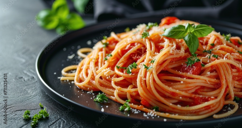 some spaghetti on a plate on a dark background some spaghetti on a plate on a dark background
