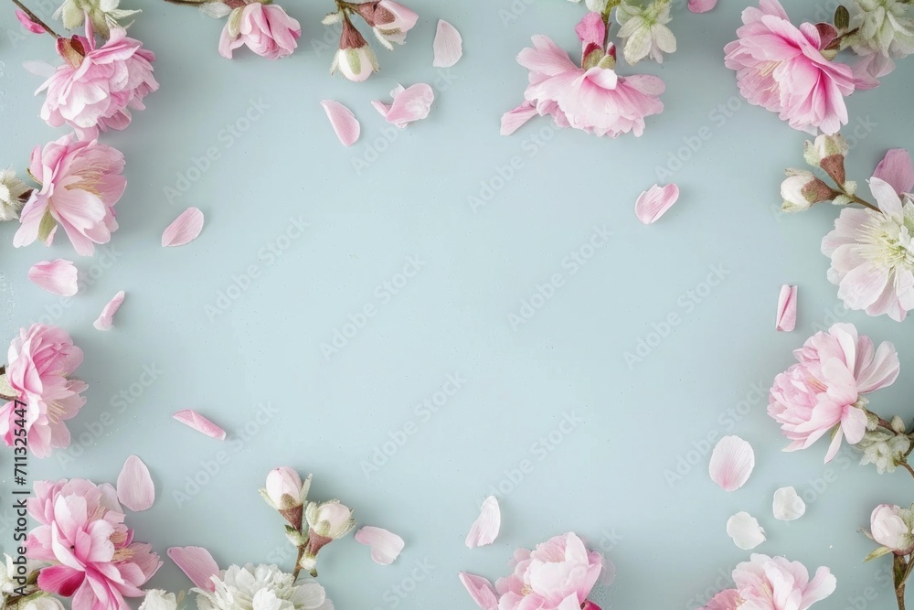 a cardboard frame of pink flowers on a light blue background