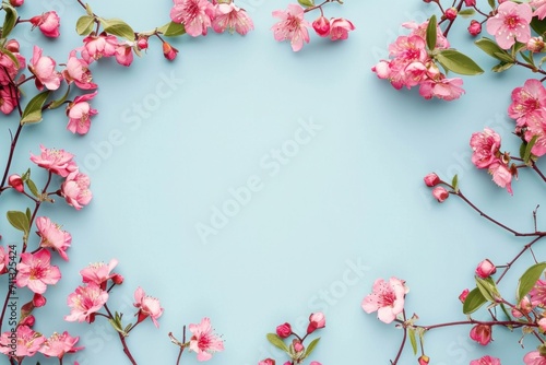 a cardboard frame of pink flowers on a light blue background © ArtCookStudio
