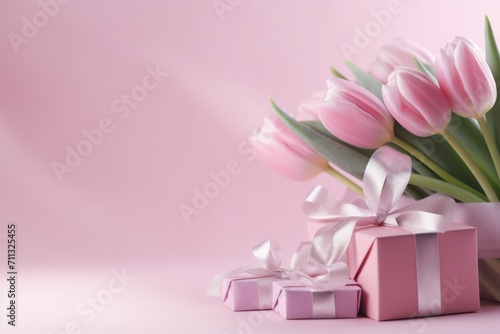 pink tulips and gifts on pink background © ArtCookStudio