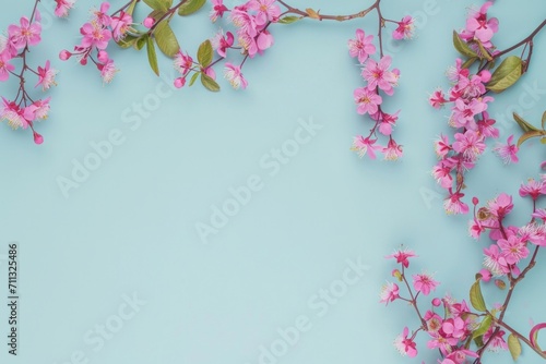a cardboard frame of pink flowers on a light blue background