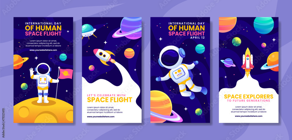 Human Space Flight Social Media Stories Flat Cartoon Hand Drawn Templates Background Illustration - obrazy, fototapety, plakaty 