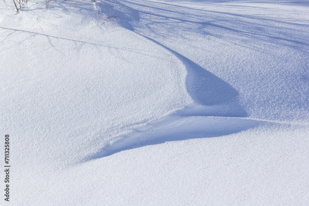 Snow dune with tree shadow forming beautiful pattern