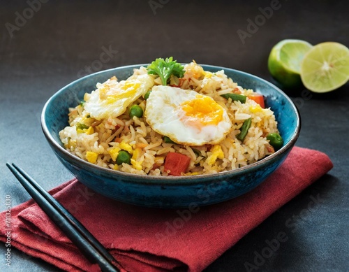 Homemade Chinese fried rice with vegetables and fried eggs