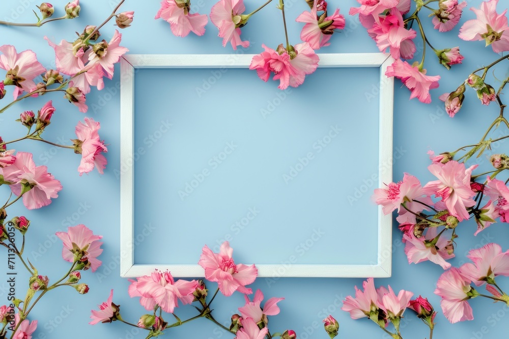 pink flowers in a white frame on a light blue background
