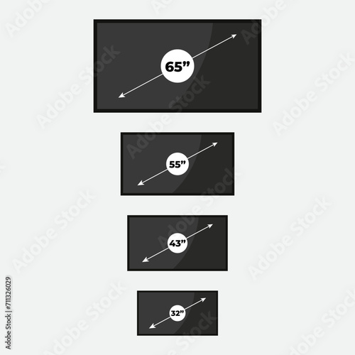 Smart TV icon set. Diagonal screen size in 32, 43, 55 and 65 inches. LCD television display. Computer monitor. Vector illustration, flat design