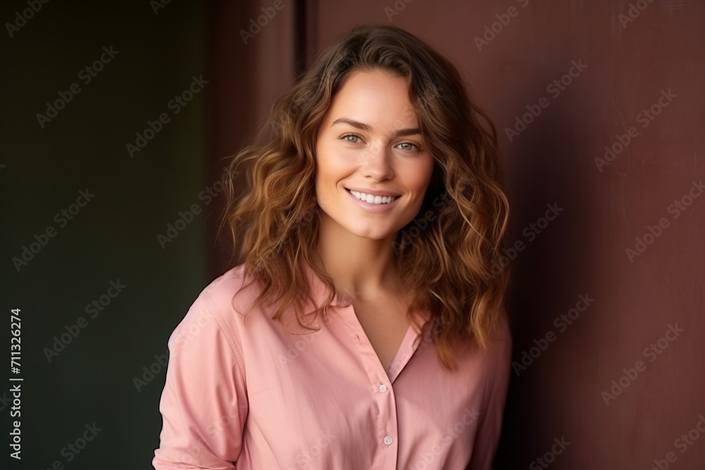 Portrait of a beautiful young woman with curly hair smiling at the camera Portrait of a beautiful young woman with curly hair smiling at the camera