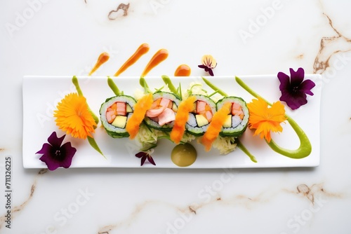 overhead shot of dragon roll with avocado and shrimp