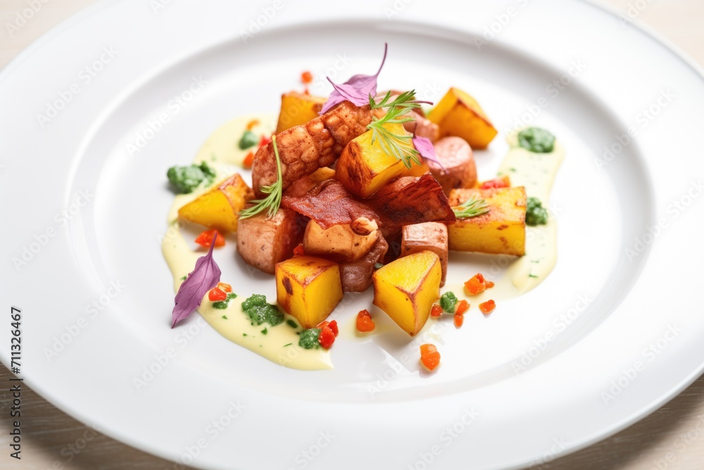 diced octopus over potatoes with paprika dusting diced octopus over potatoes with paprika dusting