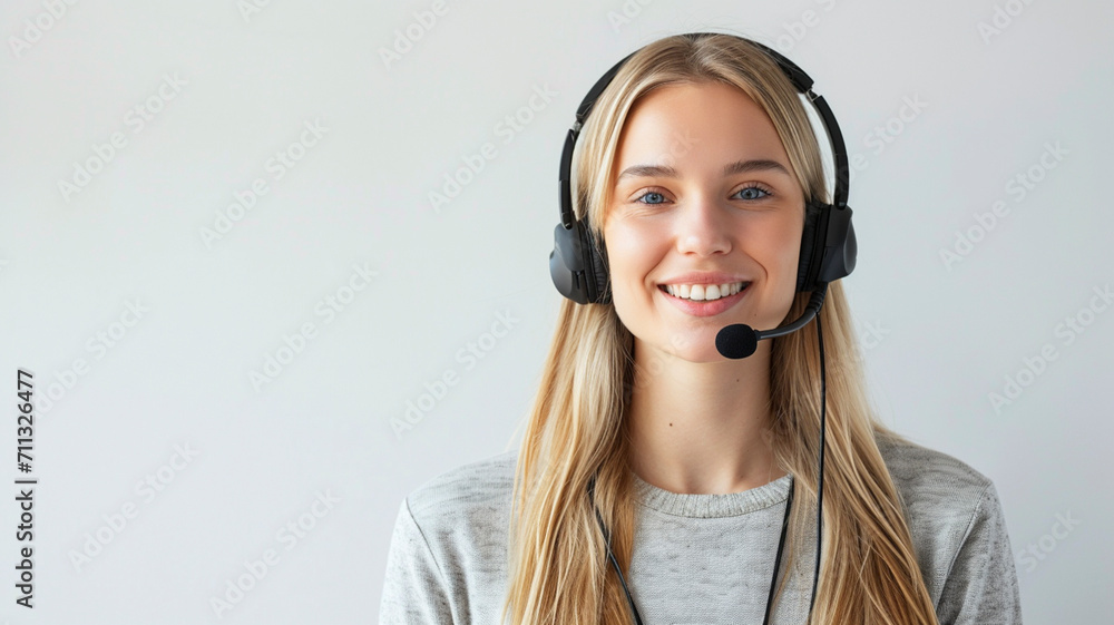Smiling blonde girl with headset and and headphones on white background. Woman from the support service advises customers in call center. Smiling blonde girl with headset and and headphones on white background. Woman from the support service advises customers in call center.