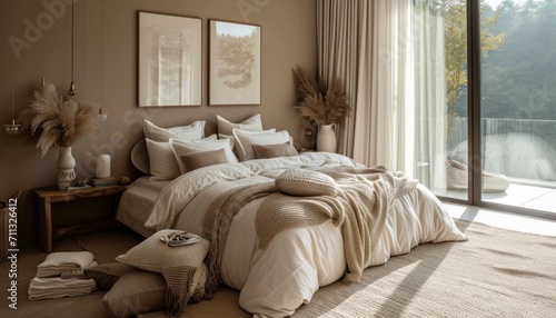 the bed is in a calm and neutral color, in the style of poetic and atmospheric style